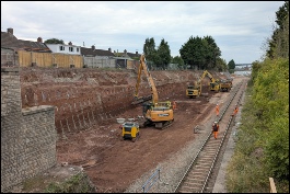 Pill station showing underpinning of the bank behind platform. Looking towards Portishead. Sept 2026