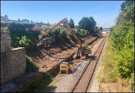 Site of Pill station - underpinning of bank behind platform. Looking towards Portishead. August 2026